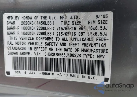 2006 Honda Cr-V Lx from USA, damaged, VIN SHSRD78566U400278
